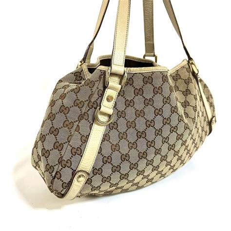 GUCCI GG Canvas Tote Bag Leather Beige 130736 002122 Auth 